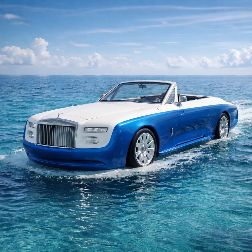 Luxury blue and white jet car watercraft cruising on turquoise waters