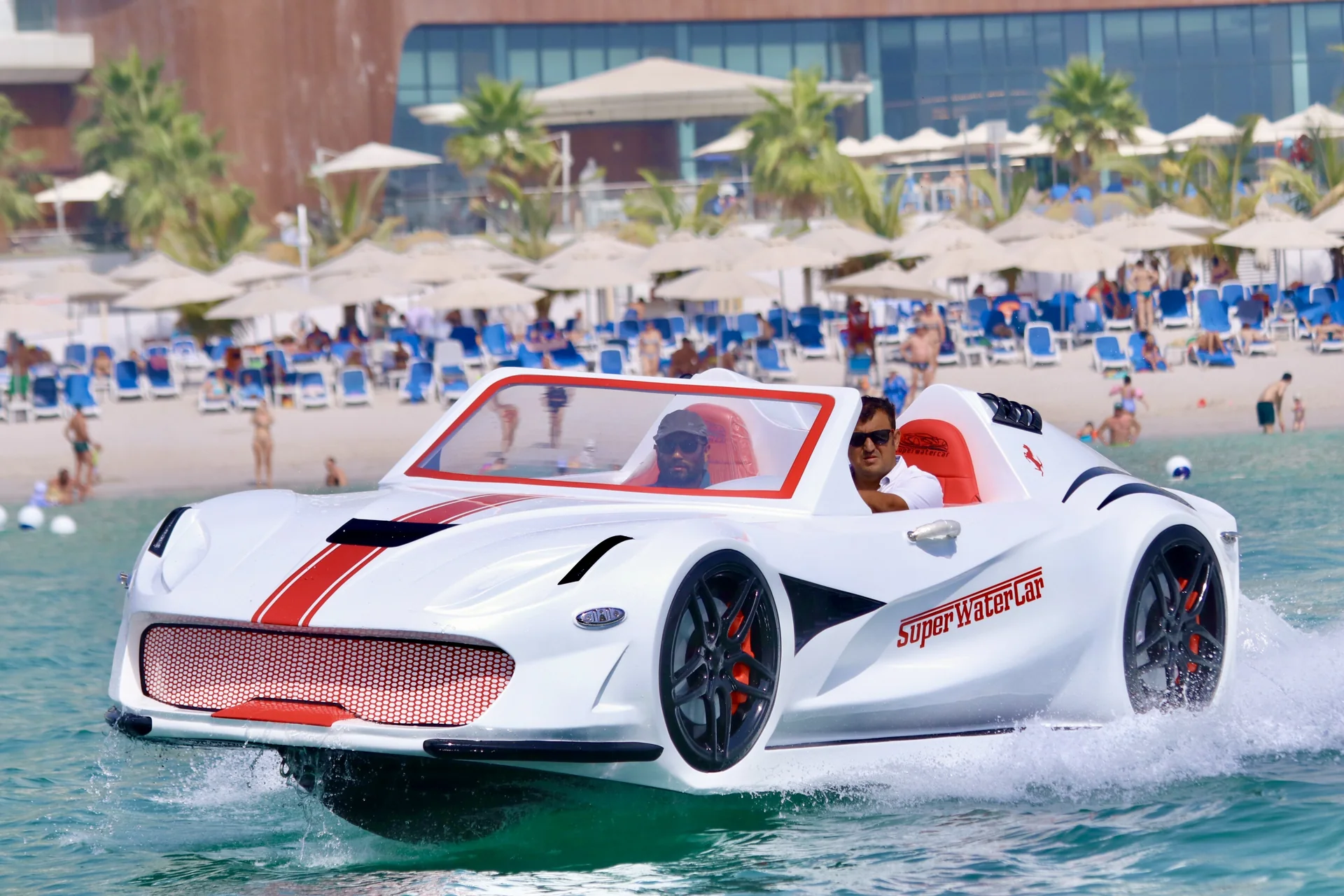White Super Water Car jet car watercraft riding at speed near the beach