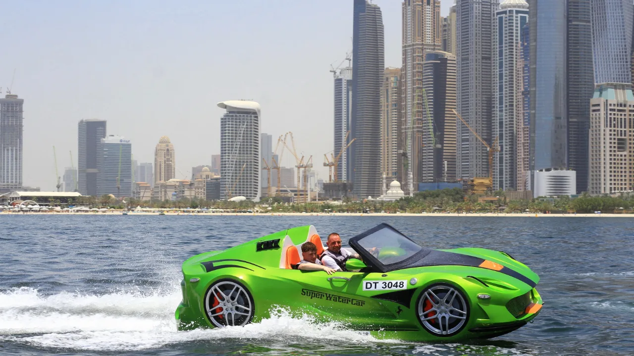 Green Super Water Car with Dubai skyline