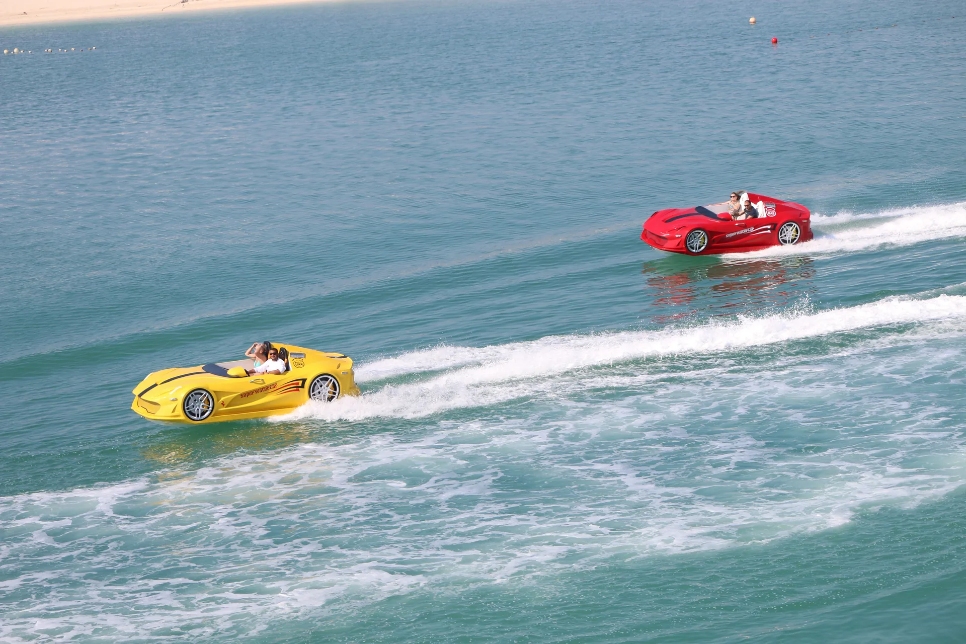 Yellow and red Super Water Cars racing on the water