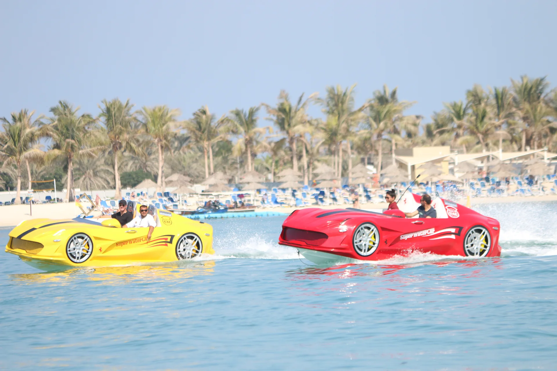 Yellow and red Super Water Cars cruising together